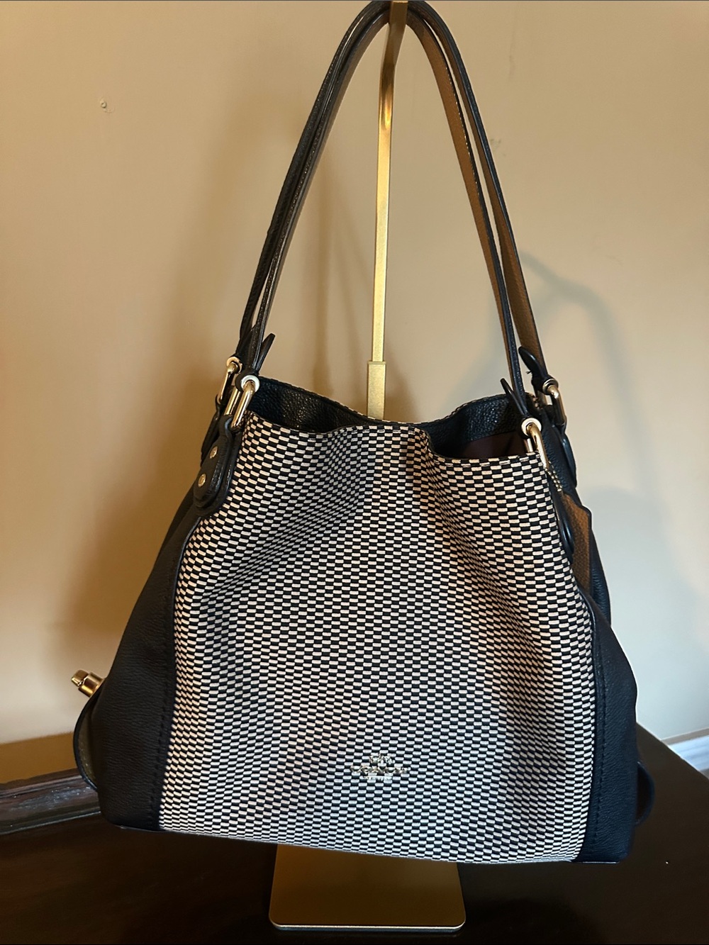 Coach Black and Cream Woven-Pattern Shoulder Bag